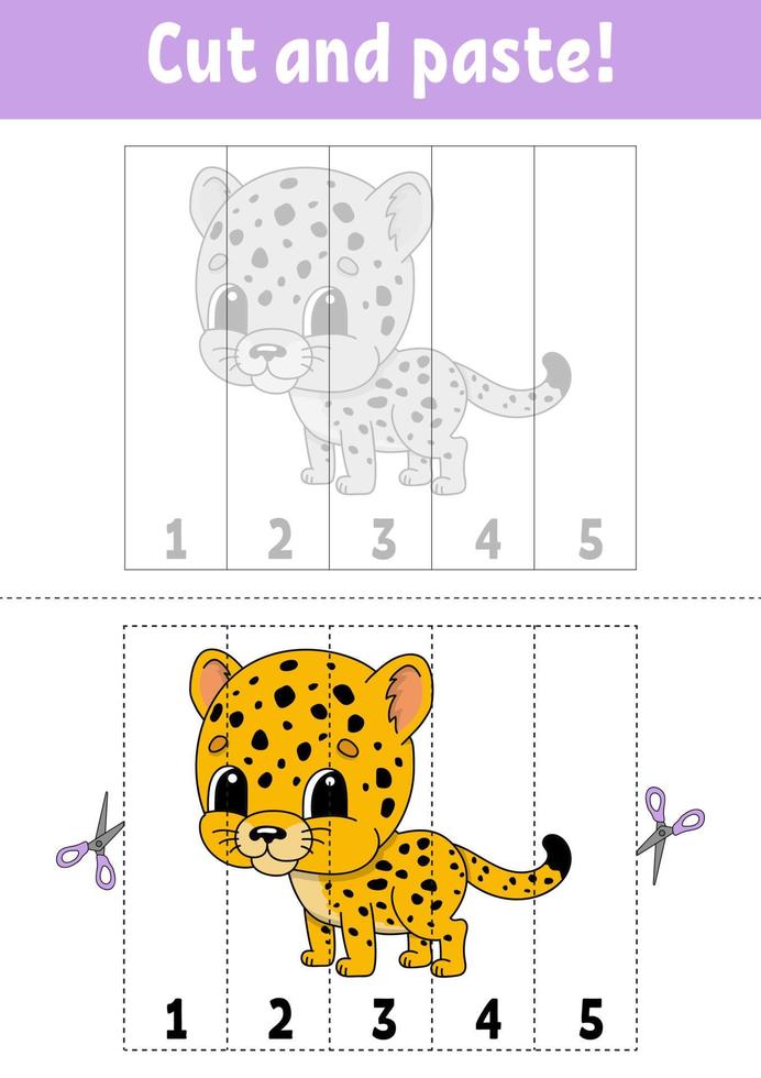 Learning numbers. Cut and play. Education developing worksheet. Game for kids. Activity page. Puzzle for children. Riddle for preschool. Flat isolated vector illustration. Cute cartoon style.