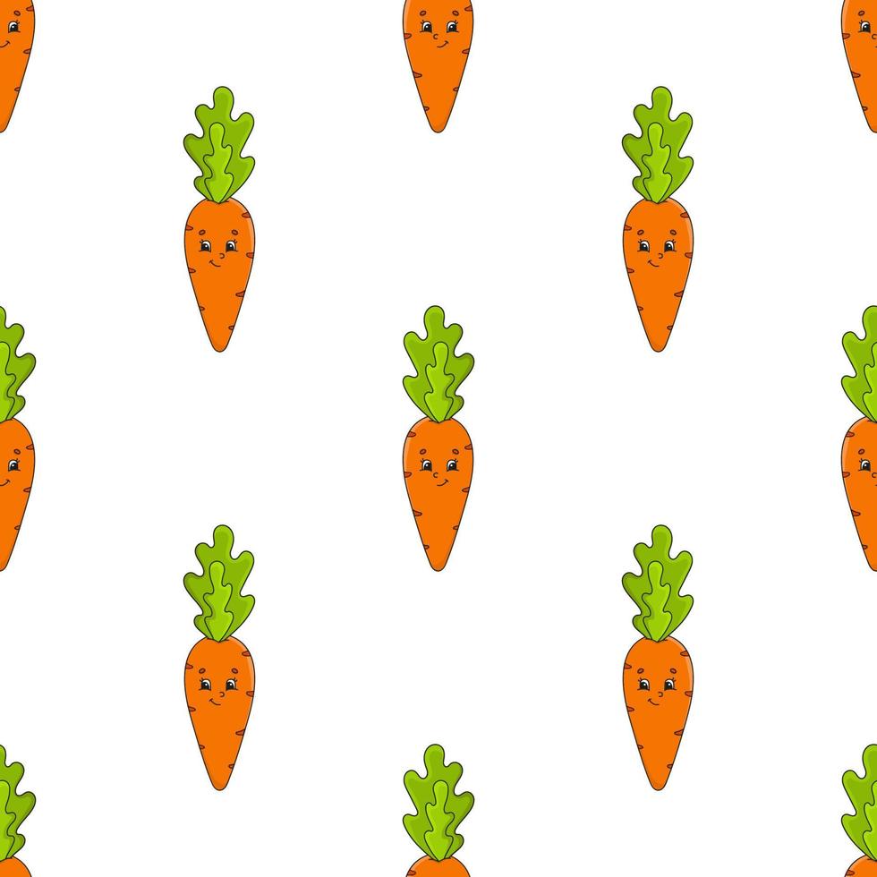 Happy carrot. Colored seamless pattern with cute cartoon character. Simple flat vector illustration isolated on white background. Design wallpaper, fabric, wrapping paper, covers, websites.