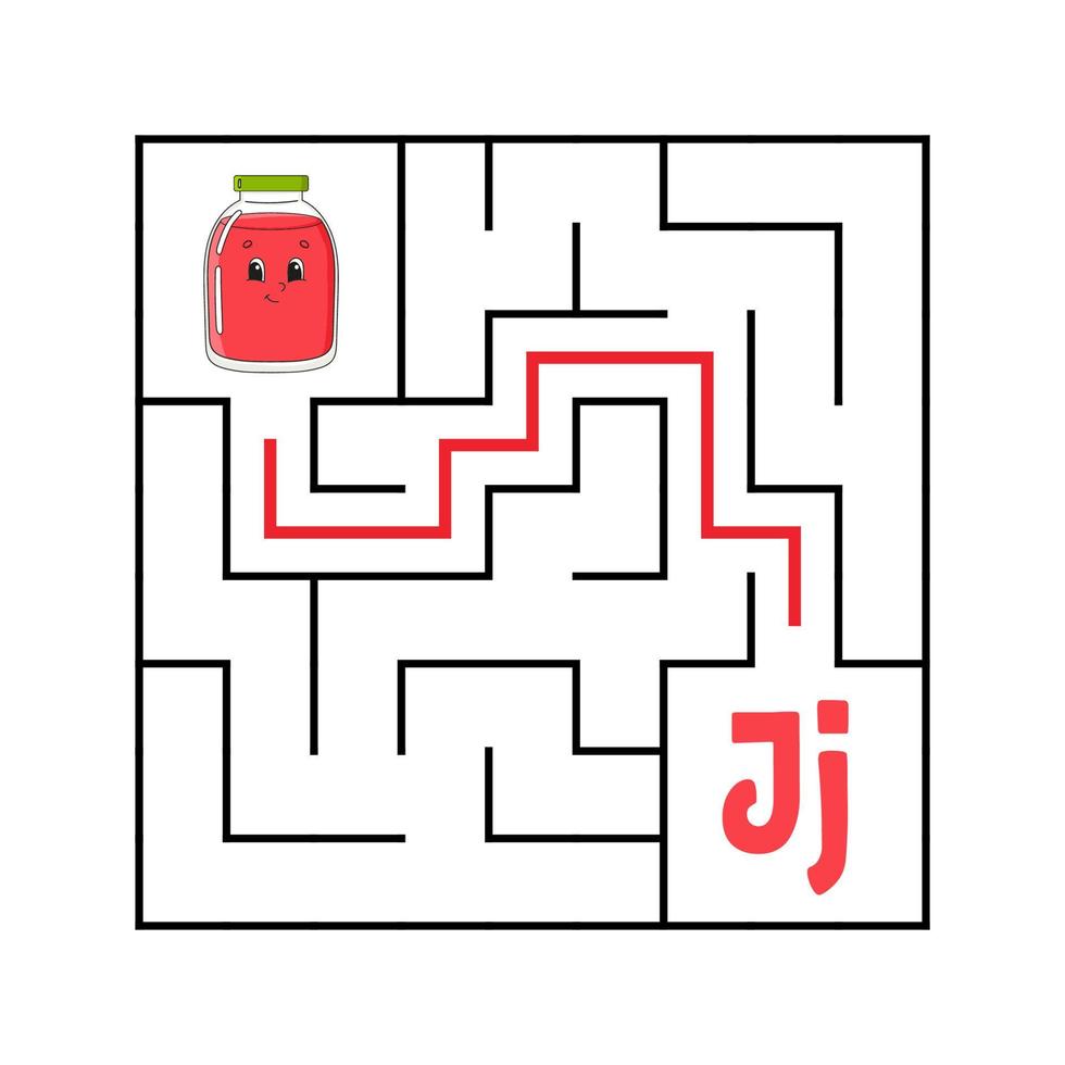 Square maze. Game for kids. Funny quadrate labyrinth. Education worksheet. Activity page. Puzzle for children. Cute cartoon style. Find the right way. Logical conundrum. Color vector illustration.