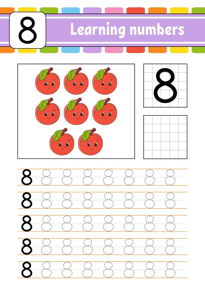 Trace and write. Handwriting practice. Learning numbers for kids. Education developing worksheet. Activity page. Game for toddlers and preschoolers. Isolated vector illustration in cute cartoon style.