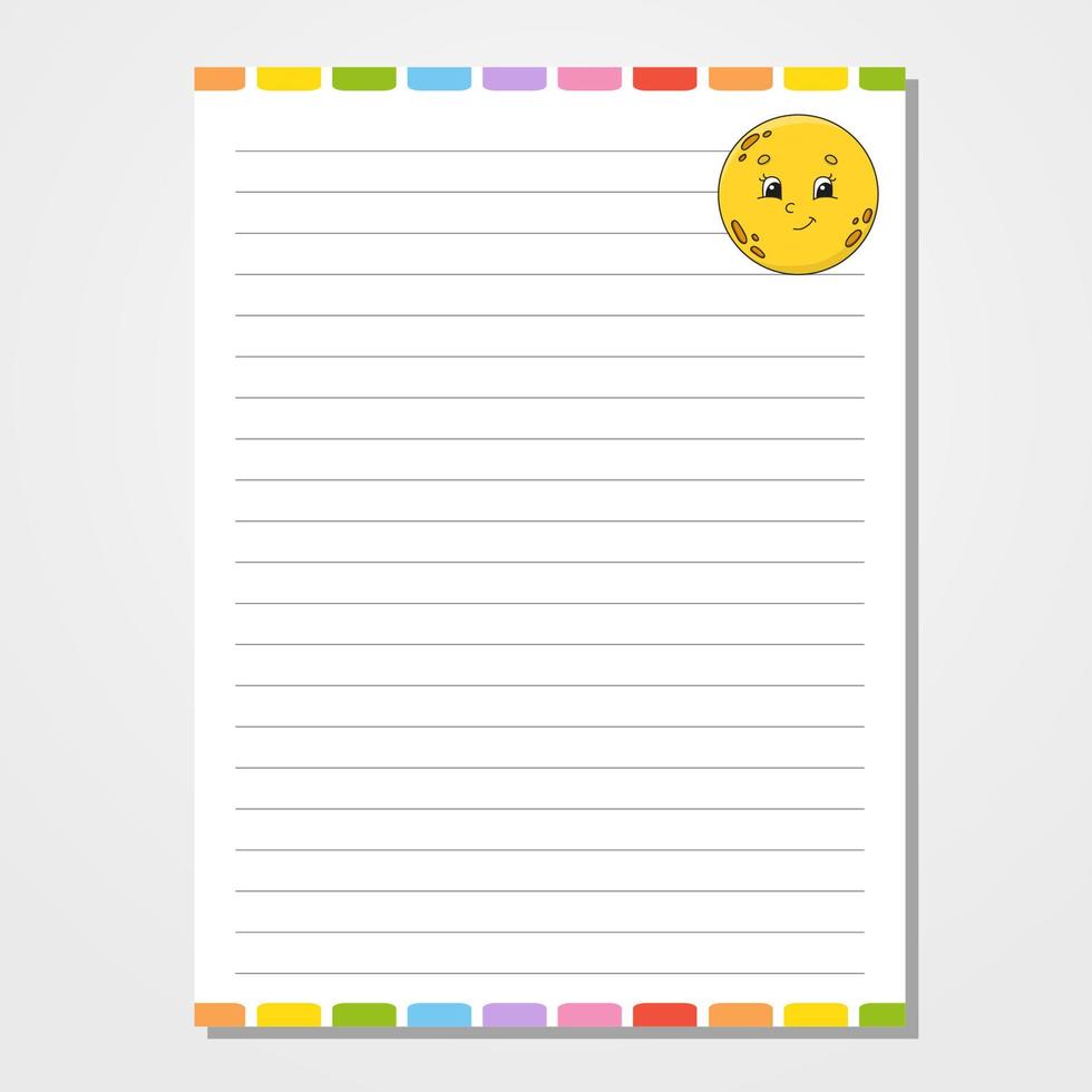 Sheet template for notebook, notepad, diary. Funny character. Isolated vector illustration. Cartoon style.