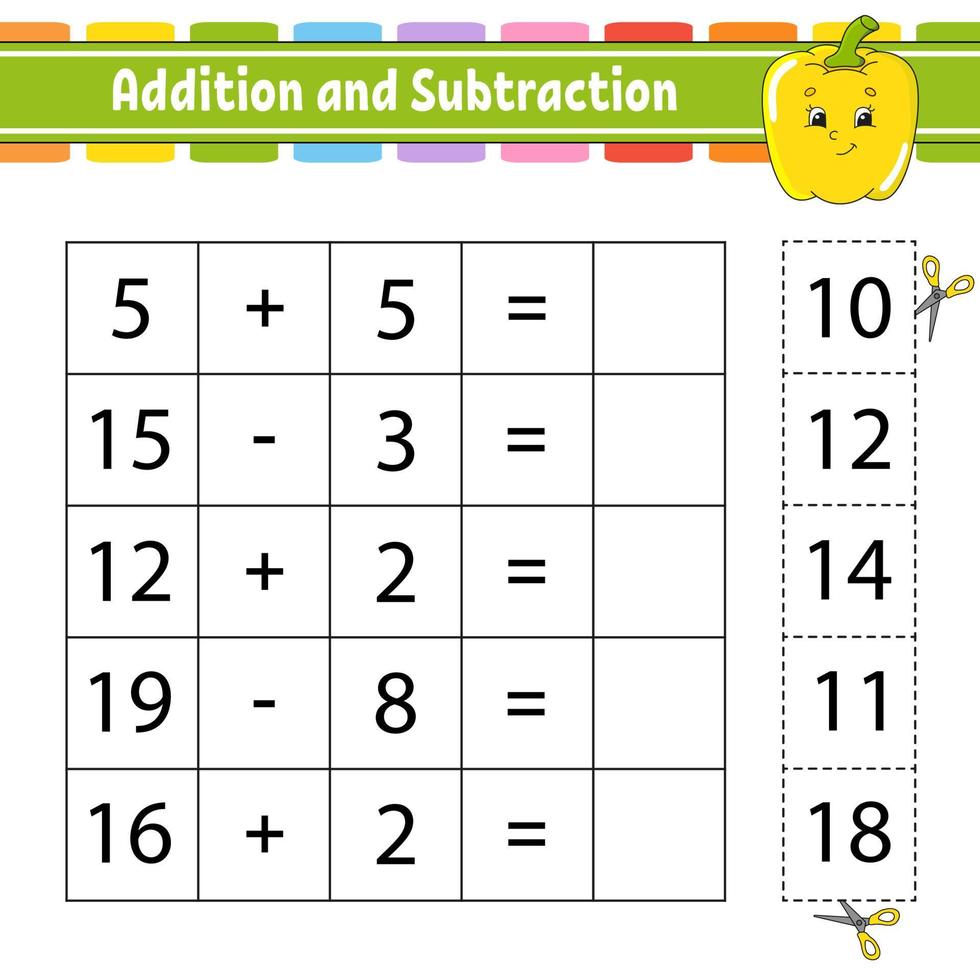 Addition and subtraction. Task for kids. Education developing worksheet. Activity page. Game for children. Funny character. Isolated vector illustration. Cartoon style.