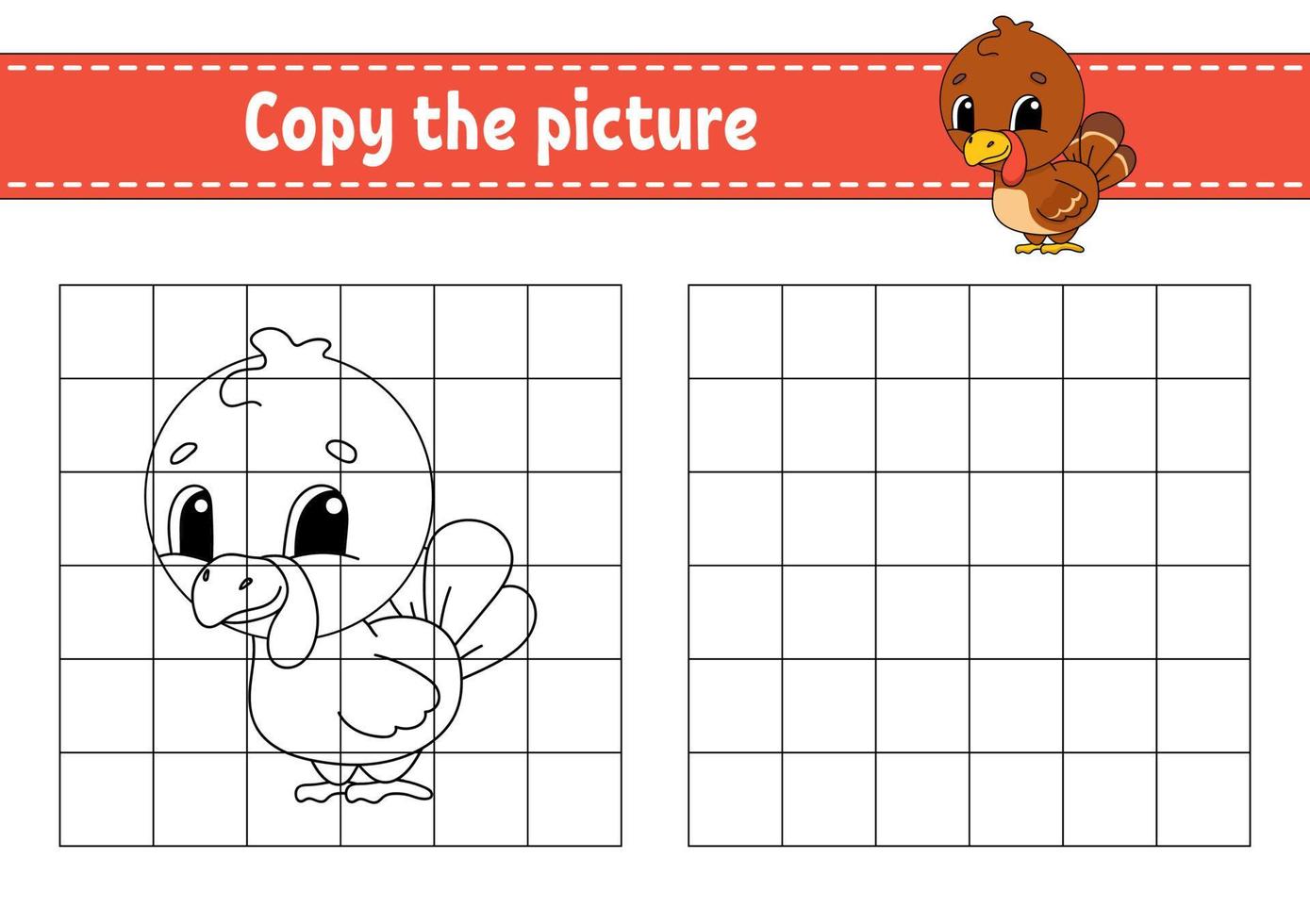 Copy the picture. Coloring book pages for kids. Education developing worksheet. Game for children. Handwriting practice. Funny character. Cute cartoon vector illustration.