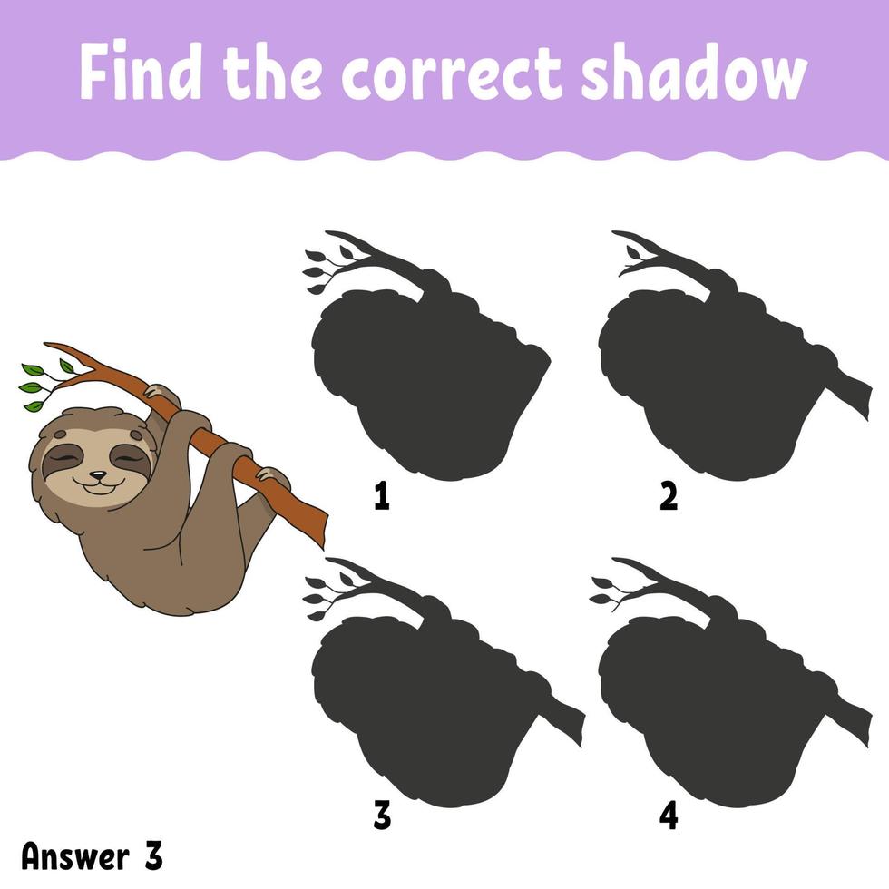 Find the correct shadow. Education developing worksheet. Matching game for kids. Activity page. Puzzle for children. Riddle for preschool. Cute character. Isolated vector illustration. Cartoon style.