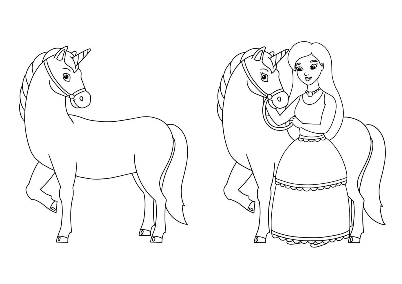 The princess and the unicorn. Coloring book page for kids. Cartoon style character. Vector illustration isolated on white background.