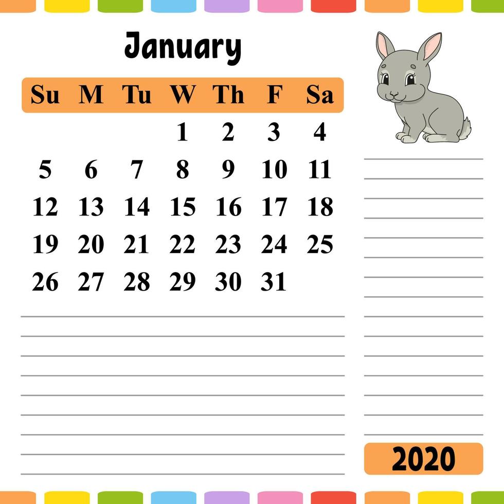 Calendar for 2020 with a cute character. Fun and bright design. Isolated vector illustration. Cartoon style.