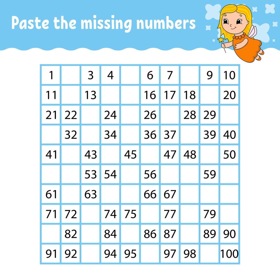 Paste the missing numbers. Handwriting practice. Learning numbers for kids. Education developing worksheet. Activity page. Game for children. Isolated vector illustration in cute cartoon style.