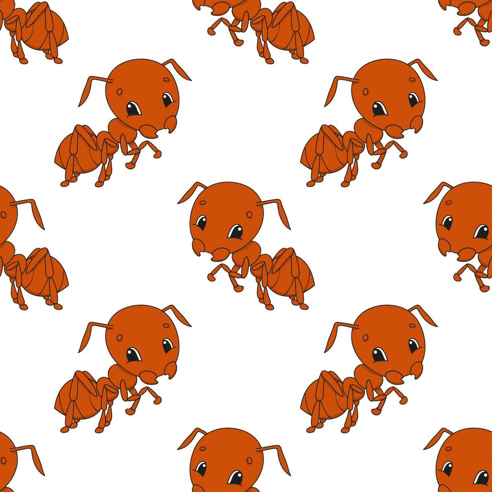 Happy ant. Colored seamless pattern with cute cartoon character. Simple flat vector illustration isolated on white background. Design wallpaper, fabric, wrapping paper, covers, websites.