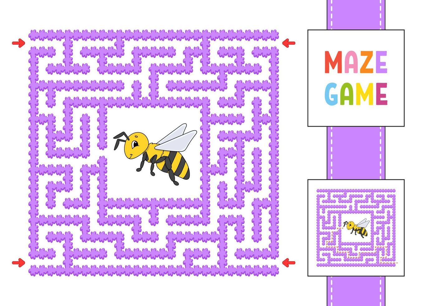 Funny square maze. Game for kids. Puzzle for children. Cartoon style. Labyrinth conundrum with character. Color vector illustration. Find the right path. With answer.
