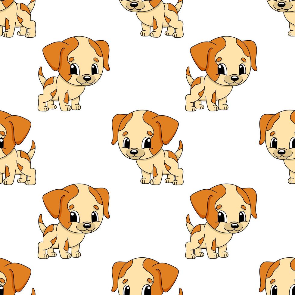 Happy dog. Colored seamless pattern with cute cartoon character. Simple flat vector illustration isolated on white background. Design wallpaper, fabric, wrapping paper, covers, websites.