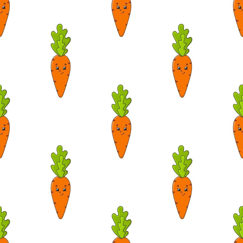 Happy carrot. Colored seamless pattern with cute cartoon character. Simple flat vector illustration isolated on white background. Design wallpaper, fabric, wrapping paper, covers, websites.