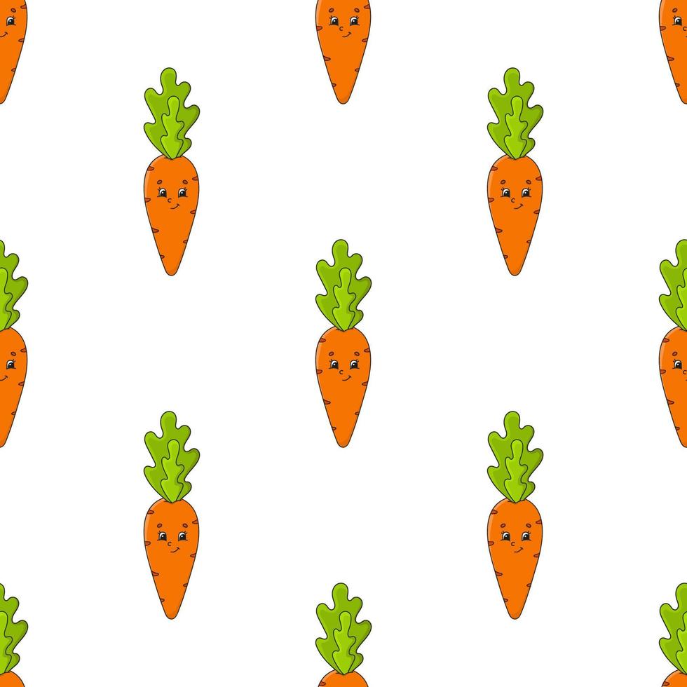 Happy carrot. Colored seamless pattern with cute cartoon character. Simple flat vector illustration isolated on white background. Design wallpaper, fabric, wrapping paper, covers, websites.