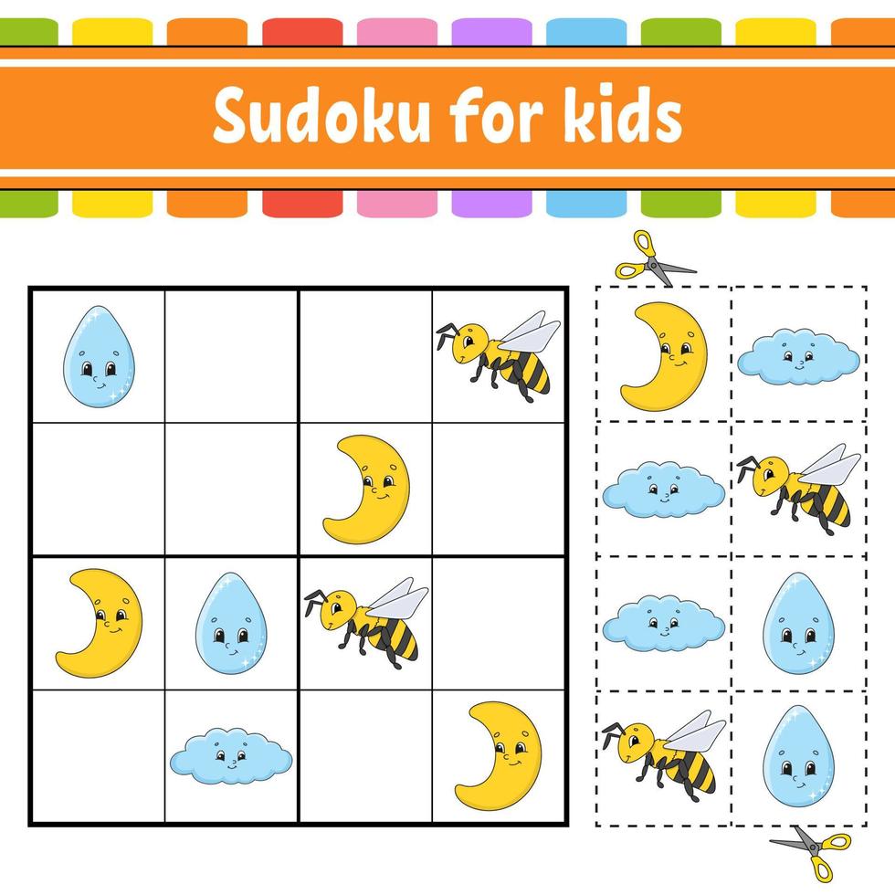 Sudoku for kids. Education developing worksheet. Activity page with pictures. Puzzle game for children. Logical thinking training. Isolated vector illustration. Funny character. Cartoon style.