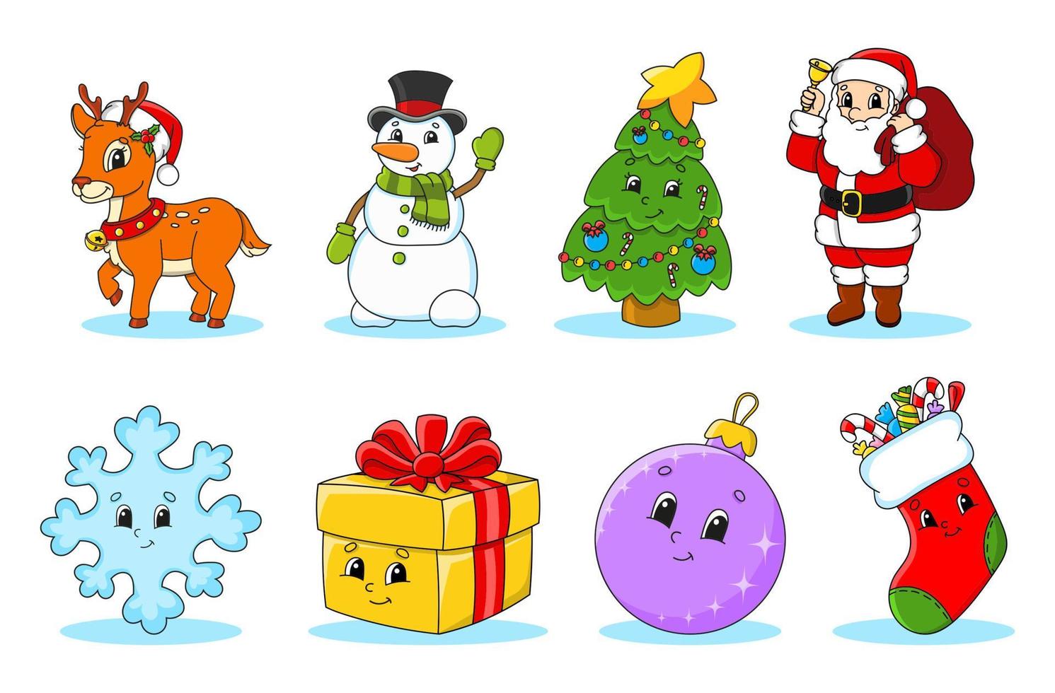 Set of christmas cute cartoon characters. Deer, snowman, tree, santa claus, snowflake, gift, bauble, sock. Happy New Year. Winter stickers. Color vector illustration isolated on white background.