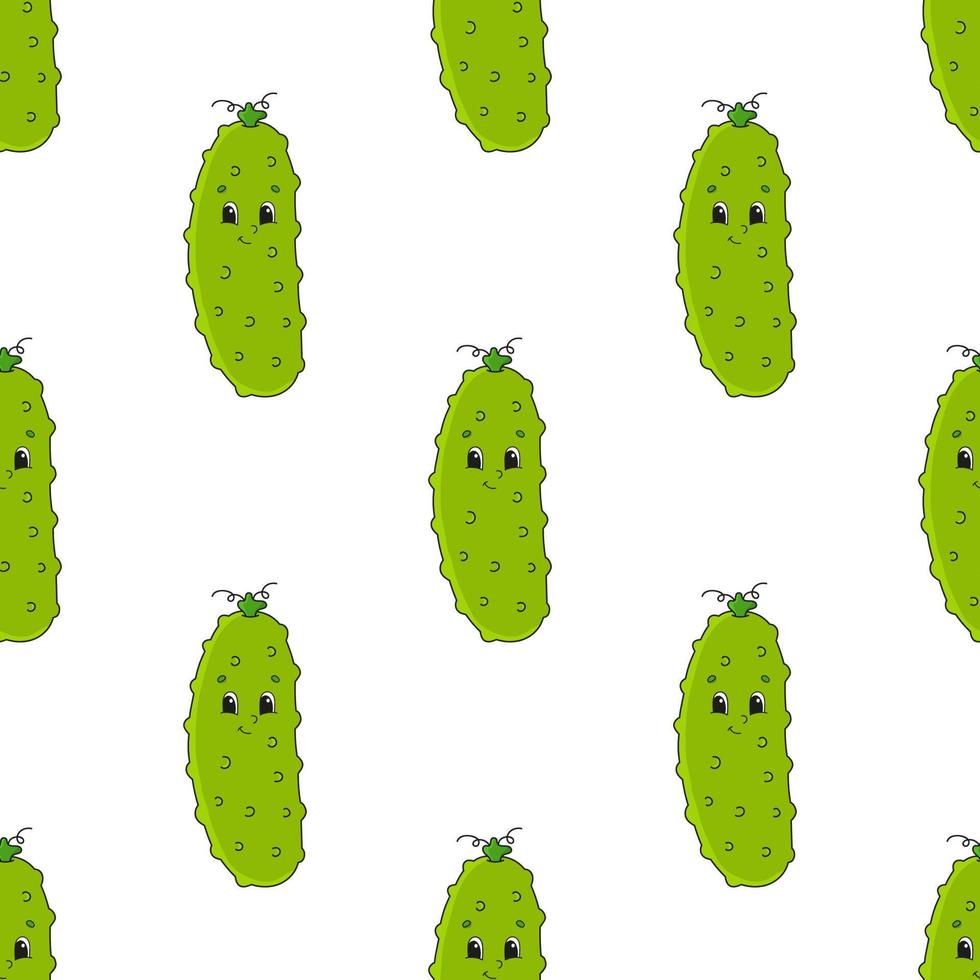 Happy cucumber. Colored seamless pattern with cute cartoon character. Simple flat vector illustration isolated on white background. Design wallpaper, fabric, wrapping paper, covers, websites.