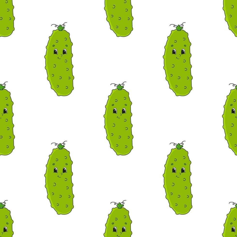 Happy cucumber. Colored seamless pattern with cute cartoon character. Simple flat vector illustration isolated on white background. Design wallpaper, fabric, wrapping paper, covers, websites.