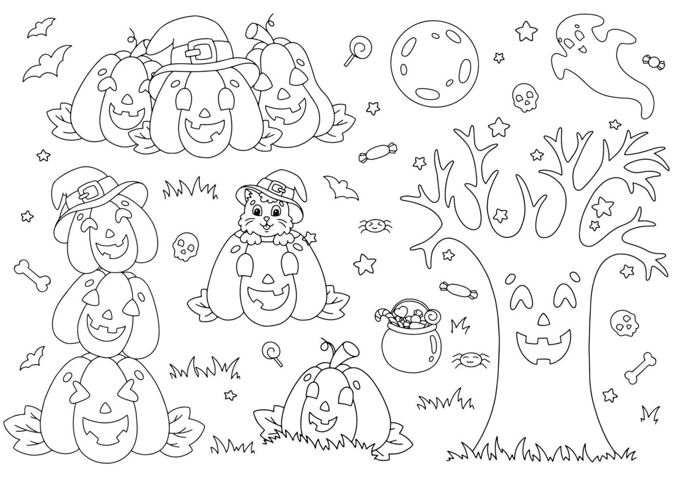 A set of funny pumpkins, tree, moon, cat. Coloring book page for kids. Halloween theme. Cartoon style character. Vector illustration isolated on white background.