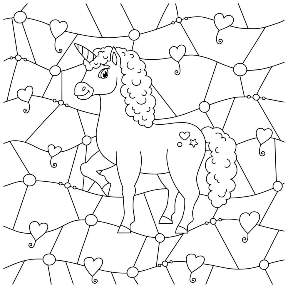 Magic fairy unicorn. Cute horse. Coloring book page for kids. Unusual pattern. Cartoon style. Vector illustration isolated on white background.