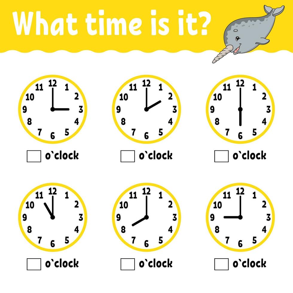 Learning time on the clock. Educational activity worksheet for kids and toddlers. Game for children. Simple flat isolated vector illustration in cute cartoon style.