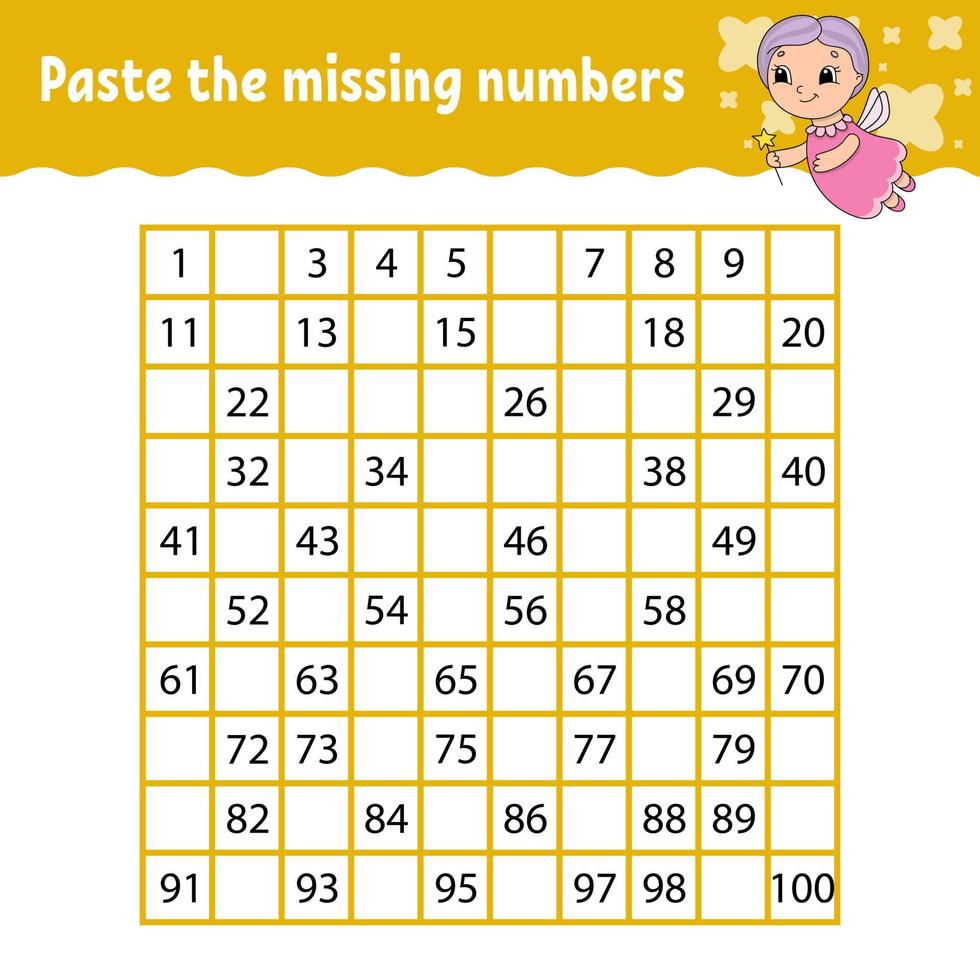 Paste the missing numbers. Handwriting practice. Learning numbers for kids. Education developing worksheet. Activity page. Game for children. Isolated vector illustration in cute cartoon style.