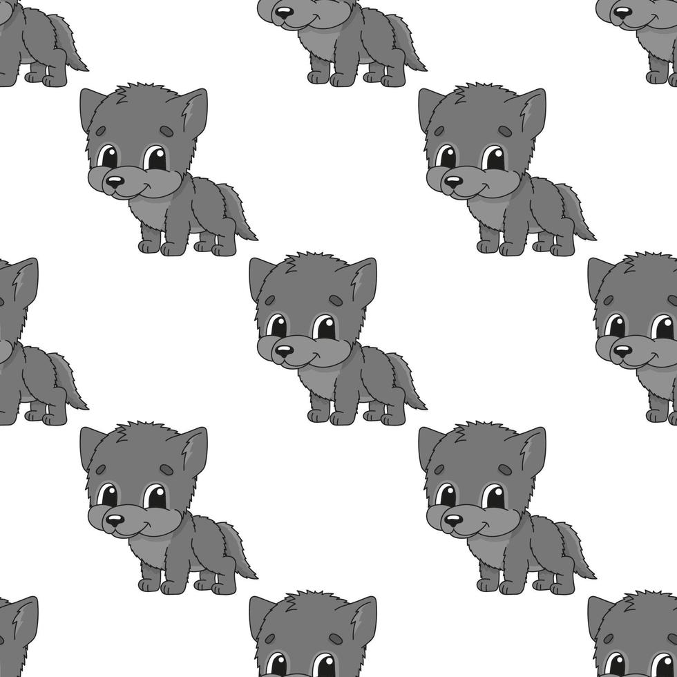 Happy wolf. Colored seamless pattern with cute cartoon character. Simple flat vector illustration isolated on white background. Design wallpaper, fabric, wrapping paper, covers, websites.