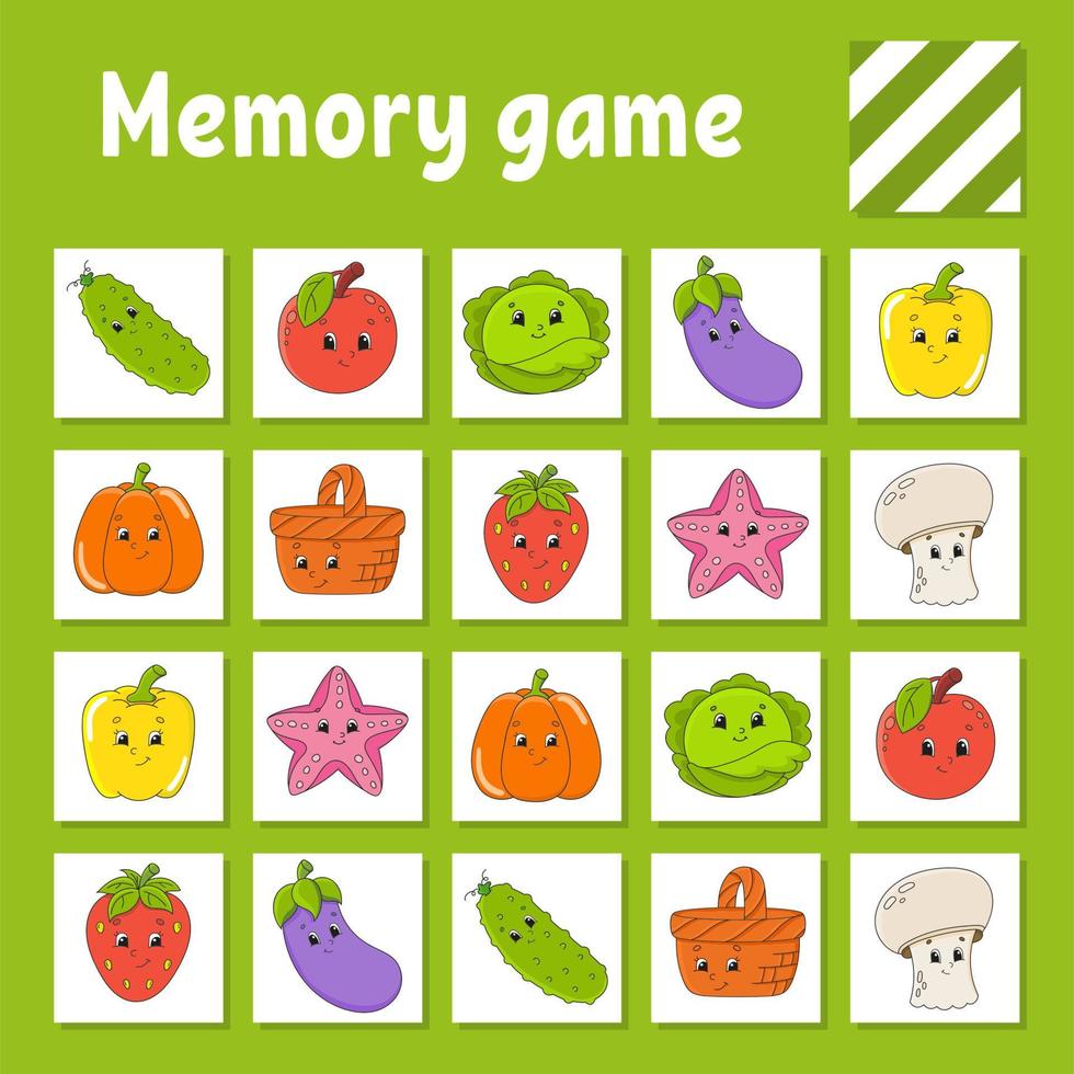 Memory game for kids. Education developing worksheet. Activity page with pictures. Puzzle game for children. Logical thinking training. Isolated vector illustration. Funny character. Cartoon style.