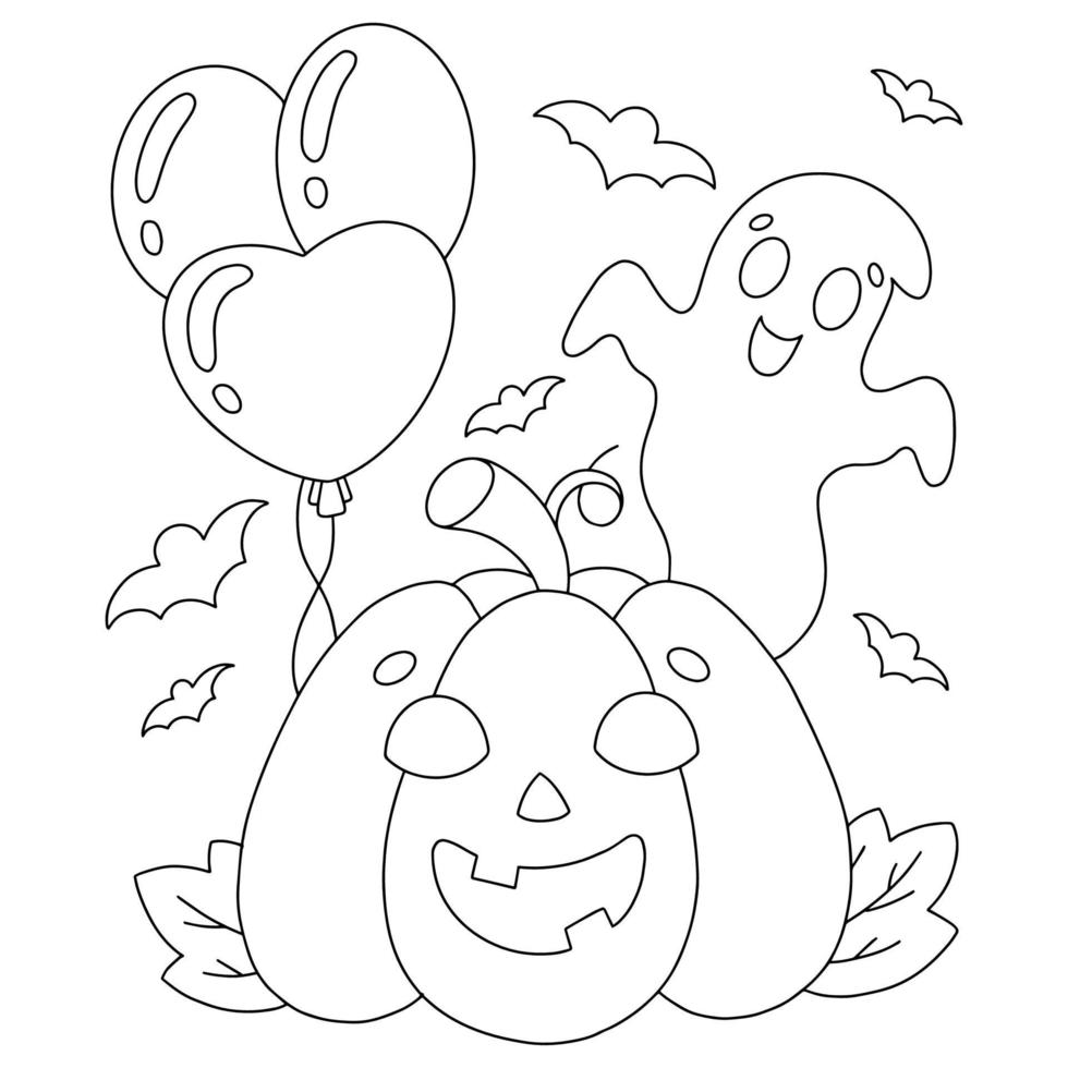 lindo fantasma y calabaza con globos. página de libro para colorear para niños. personaje de estilo de dibujos animados. ilustración vectorial aislado sobre fondo blanco. tema de halloween. vector