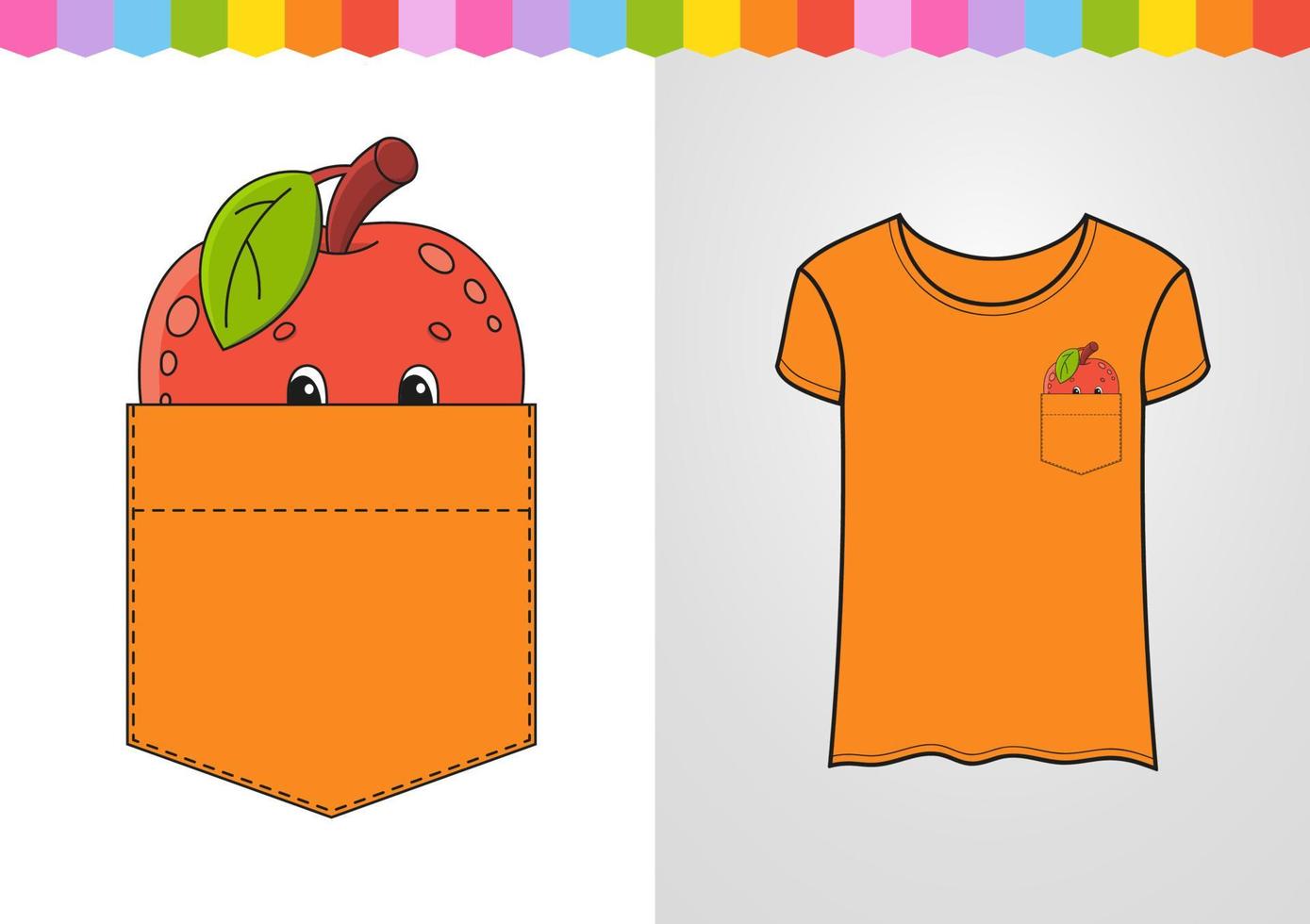 Apple in shirt pocket. Cute character. Colorful vector illustration. Cartoon style. Isolated on white background. Design element. Template for your shirts, books, stickers, cards, posters.