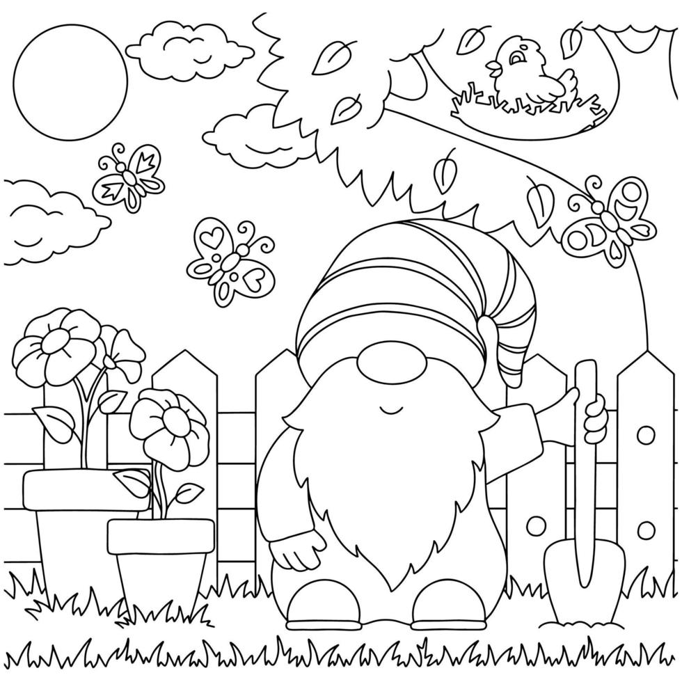 gnomo en el jardín. página de libro para colorear para niños. personaje de estilo de dibujos animados. ilustración vectorial aislado sobre fondo blanco. vector