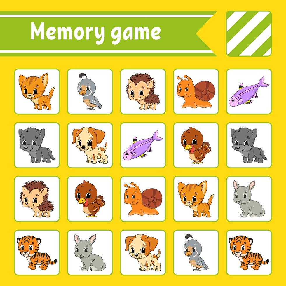 Memory game for kids. Education developing worksheet. Activity page with pictures. Puzzle game for children. Logical thinking training. Isolated vector illustration. Funny character. Cartoon style.