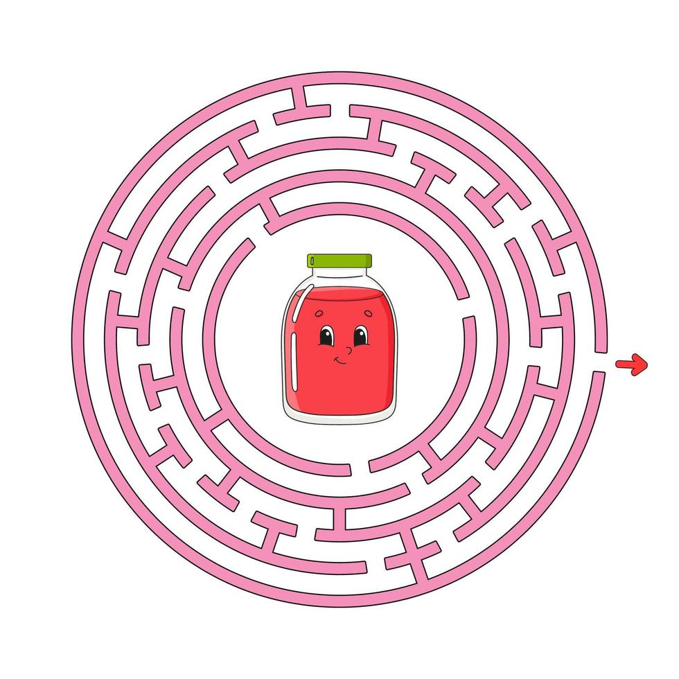Funny circle maze. Game for kids. Puzzle for children. Cartoon style. Round labyrinth conundrum. Color vector illustration. Find the right path. The development of logical and spatial thinking.