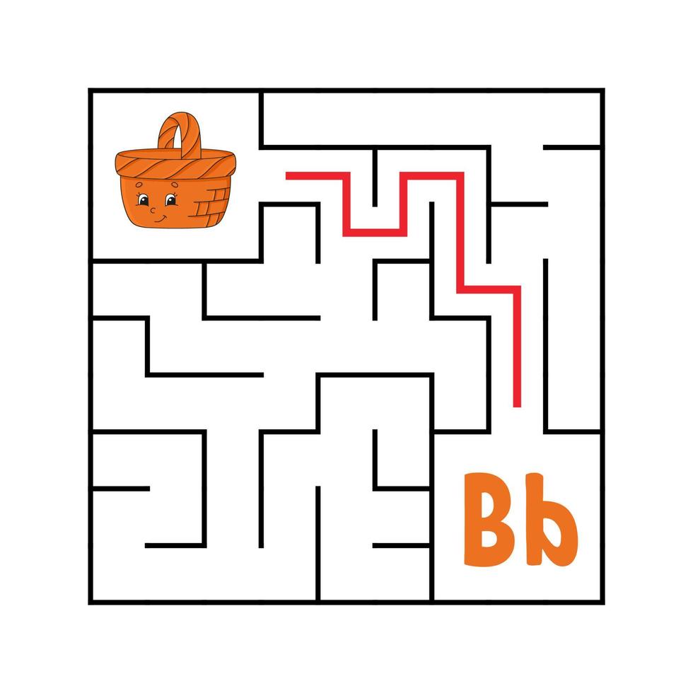 Square maze. Game for kids. Funny quadrate labyrinth. Education worksheet. Activity page. Puzzle for children. Cute cartoon style. Find the right way. Logical conundrum. Color vector illustration.