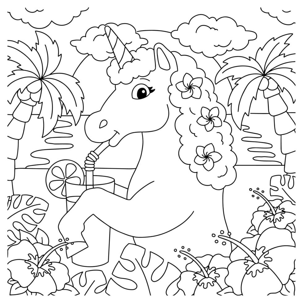 Magic fairy horse. Unicorn is drinking juice on the beach. Coloring book page for kids. Cartoon style character. Vector illustration isolated on white background.