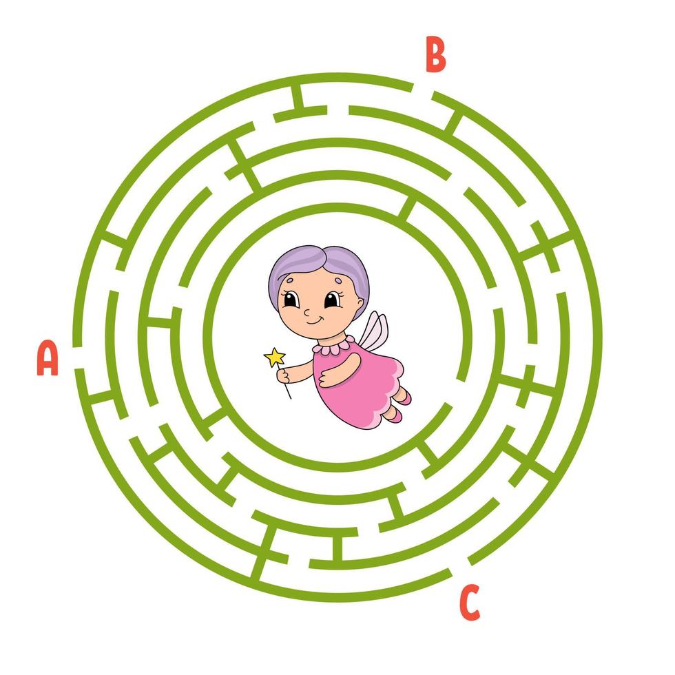 Circle maze. Game for kids. Puzzle for children. Round labyrinth conundrum. Color vector illustration. Find the right path. The development of logical and spatial thinking. Education worksheet.