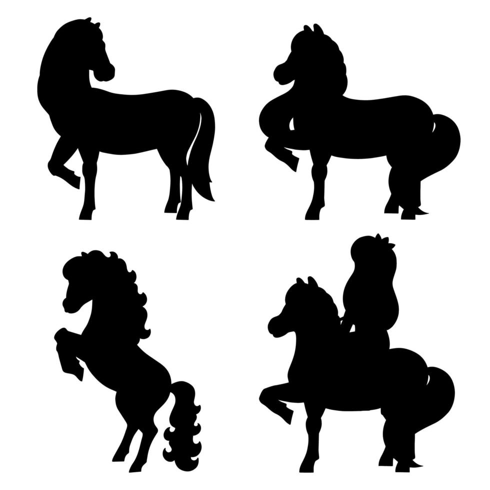 Cute horse. Farm animal. Black silhouette. Design element. Vector illustration isolated on white background. Template for books, stickers, posters, cards, clothes.