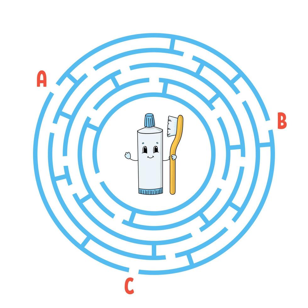Circle maze. Game for kids. Puzzle for children. Round labyrinth conundrum. Color vector illustration. Find the right path. The development of logical and spatial thinking. Education worksheet.