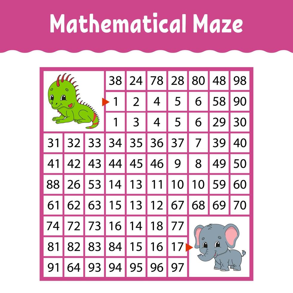 Mathematical maze. Game for kids. Funny labyrinth. Education developing worksheet. Activity page. Puzzle for children. Cartoon style. Riddle for preschool. Logical conundrum. Color vector illustration