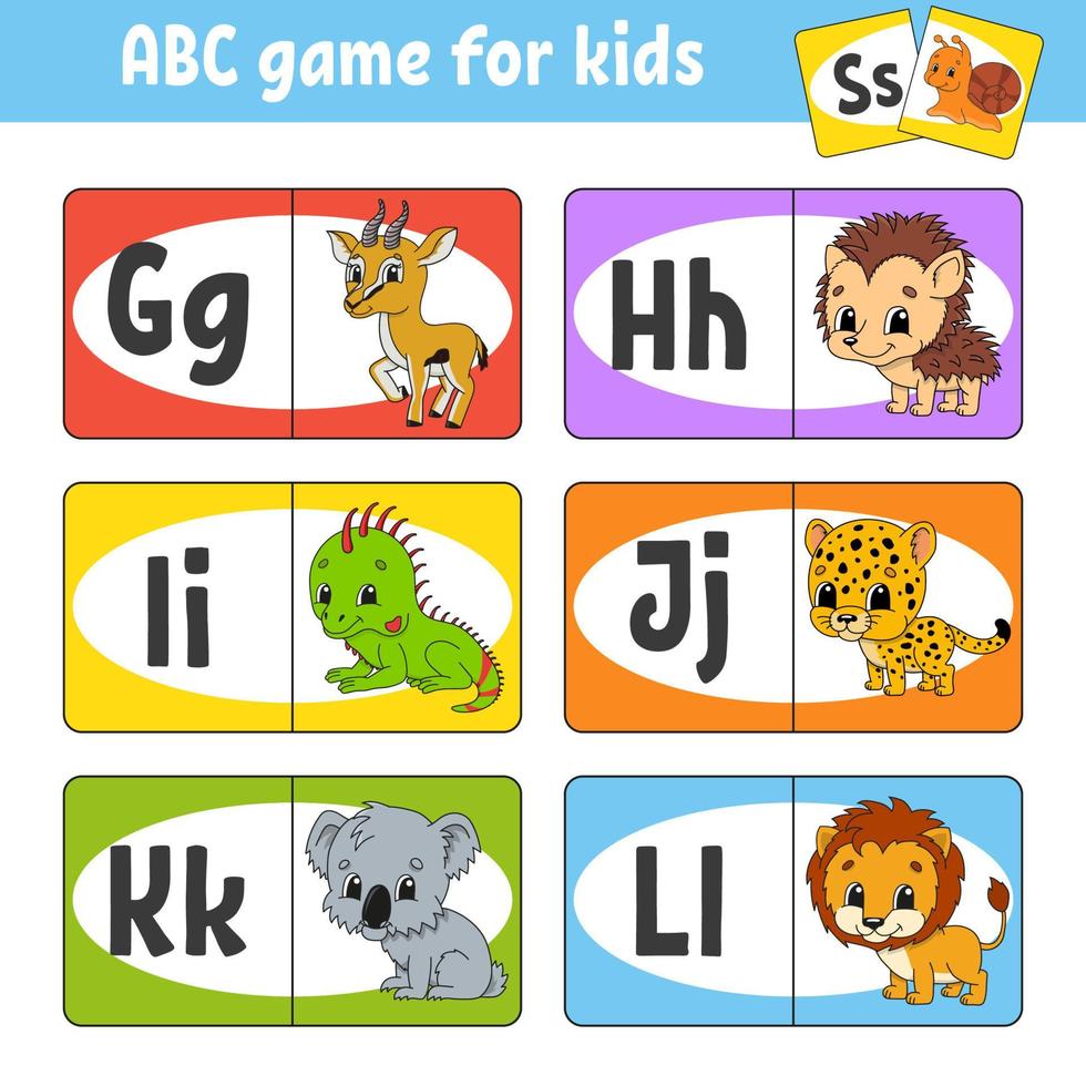 configurar tarjetas flash abc. alfabeto para niños. aprender letras. hoja de trabajo de desarrollo educativo. página de actividades para estudiar inglés. juego para niños. personaje divertido. ilustración vectorial. estilo de dibujos animados. vector