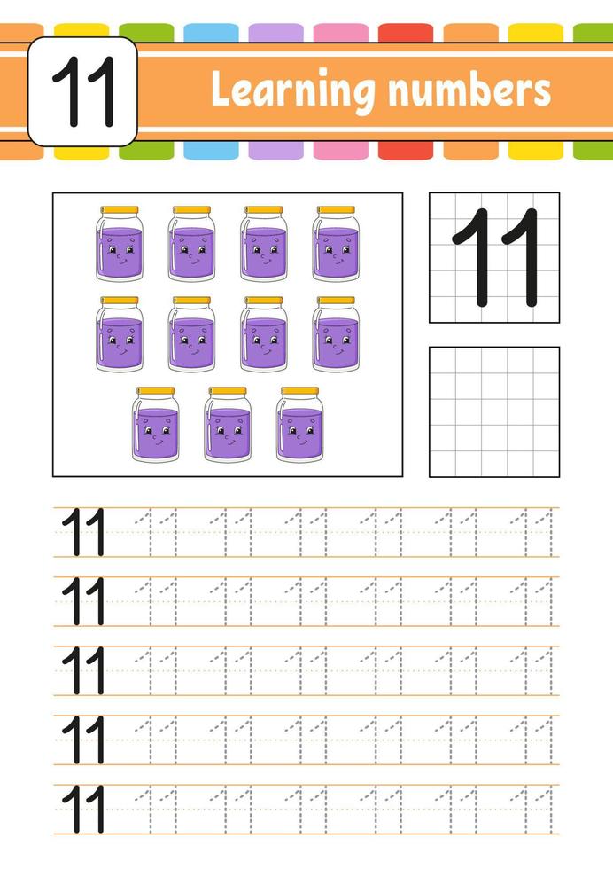 Learning numbers for kids. Handwriting practice. Education developing worksheet. Activity page. Game for toddlers and preschoolers. Isolated vector illustration in cute cartoon style.