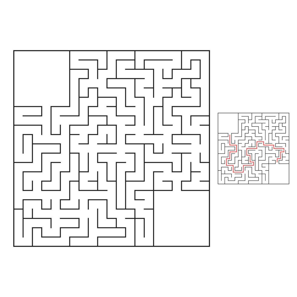 Abstract square maze. Game for kids. Puzzle for children. One entrance, one exit. Labyrinth conundrum. Flat vector illustration isolated on white background. With answer.