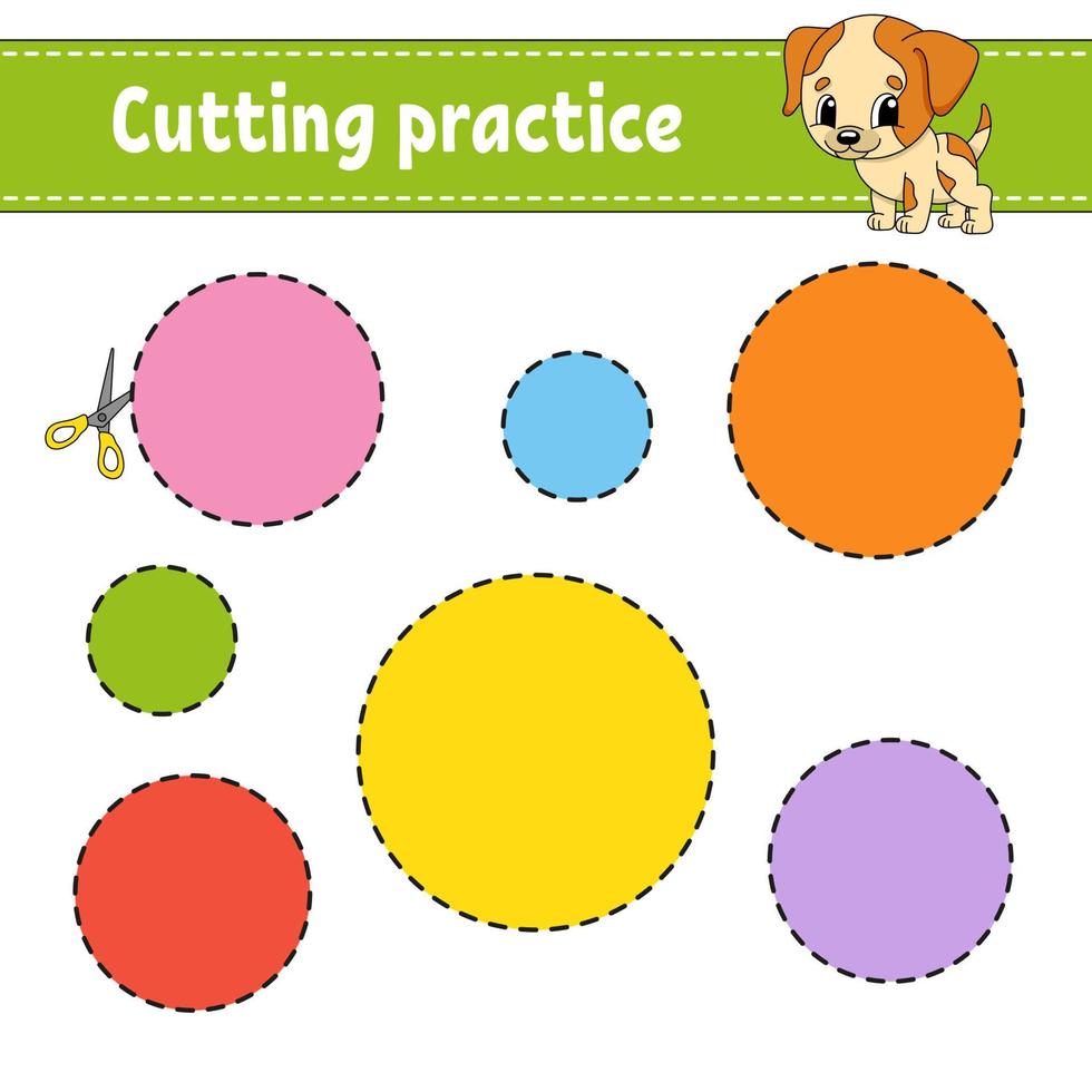 Cutting practice for kids. Education developing worksheet. Activity page with pictures. Game for children. Isolated vector illustration. Funny character. Cartoon style.