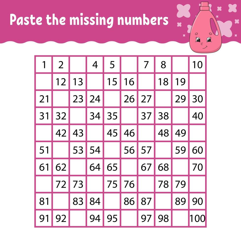 Paste the missing numbers. Handwriting practice. Learning numbers for kids. Education developing worksheet. Activity page. Game for children. Isolated vector illustration in cute cartoon style.