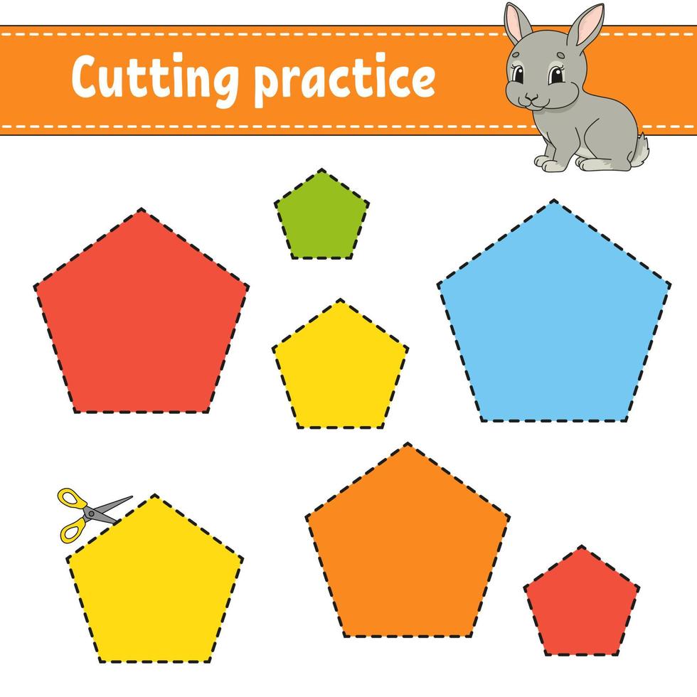 Cutting practice for kids. Education developing worksheet. Activity page with pictures. Game for children. Isolated vector illustration. Funny character. Cartoon style.