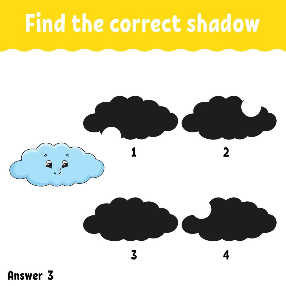 Find the correct shadow. Education developing worksheet. Matching game for kids. Activity page. Puzzle for children. Riddle for preschool. Cute character. Isolated vector illustration. Cartoon style.