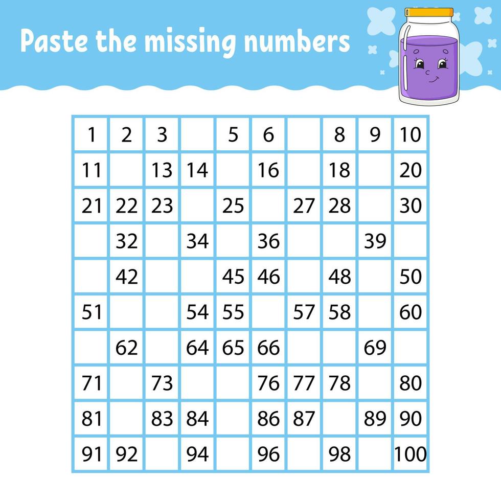 Paste the missing numbers. Handwriting practice. Learning numbers for kids. Education developing worksheet. Activity page. Game for children. Isolated vector illustration in cute cartoon style.