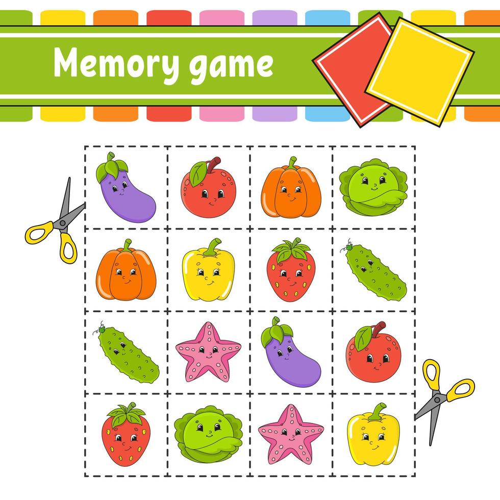 Memory game for kids. Education developing worksheet. Activity page with pictures. Puzzle game for children. Logical thinking training. Isolated vector illustration. Funny character. Cartoon style.