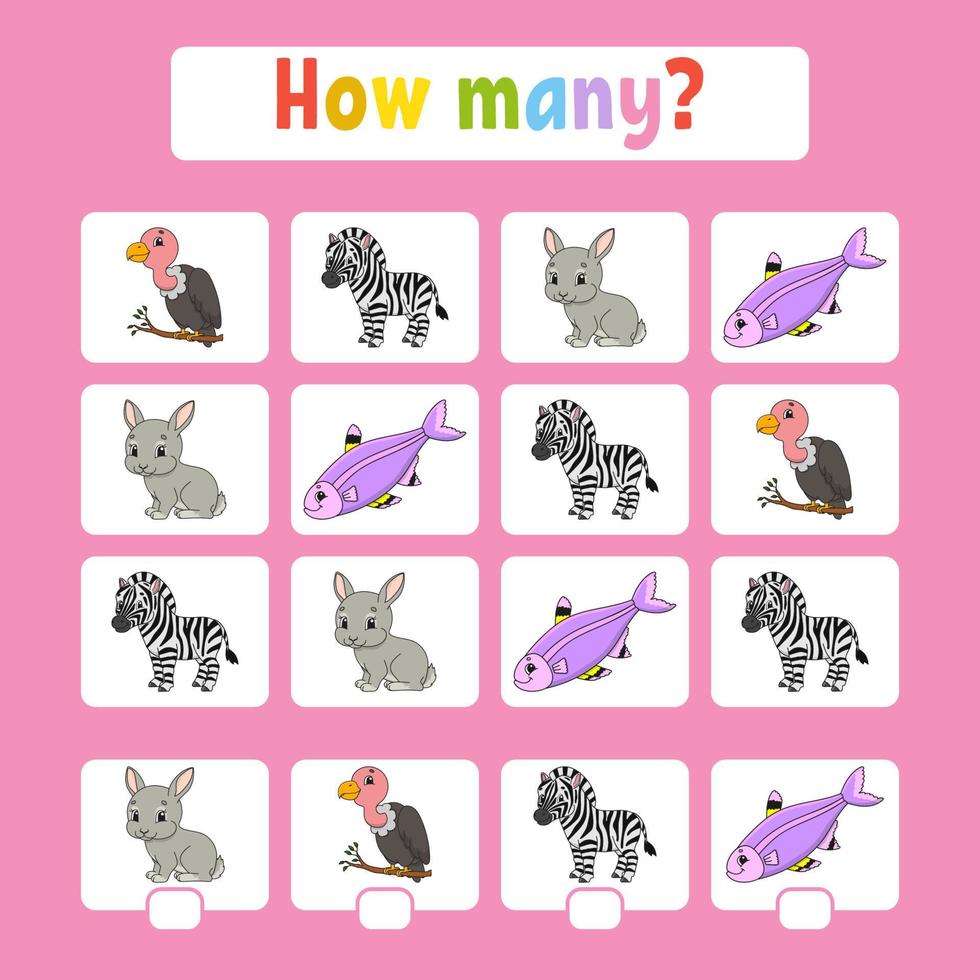 Counting game for children of preschool age. Learning mathematics. How many animals in the picture. With space for answers. Simple flat isolated vector illustration in cute cartoon style.