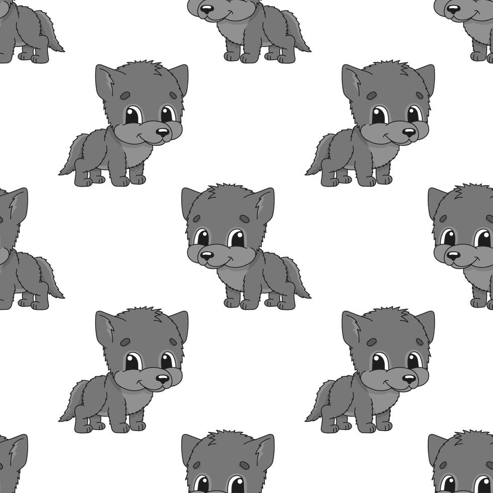 Happy wolf. Colored seamless pattern with cute cartoon character. Simple flat vector illustration isolated on white background. Design wallpaper, fabric, wrapping paper, covers, websites.