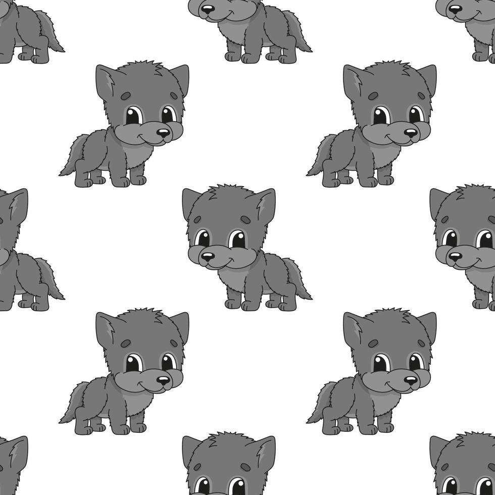 Happy wolf. Colored seamless pattern with cute cartoon character. Simple flat vector illustration isolated on white background. Design wallpaper, fabric, wrapping paper, covers, websites.