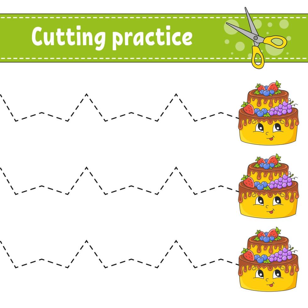 Cutting practice for kids. Education developing worksheet. Activity page. Color game for children. Isolated vector illustration. Coon character.